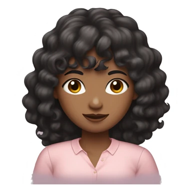 woman with long black curly hair and bangs and dark brown eyes, wearing a pastel pink blouse sticker