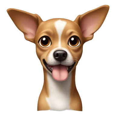 A dog, a mixture of Chihuahua and Toy Terrier, his body is brown, and his neck is white in front and around his nose. He doesn't have one ear sticker