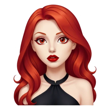 a pretty woman with long red hair and red eyes. The woman wear a black little cutted dress. She have red lipstick and she have a seductive look. She do a smack sticker