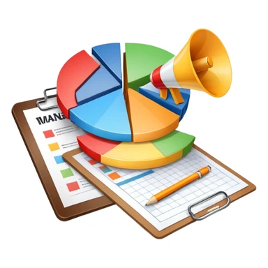 An icon featuring a pie chart, a megaphone, and a clipboard with strategy plans, symbolizing management and marketing. The design includes upward-trending graphs set against a modern office backdrop. Transparent background emphasizes business strategy and communication. sticker