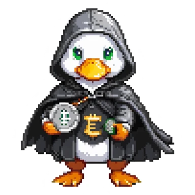 A cool duck in a black cloak with a silver coin sticker