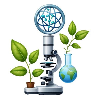An icon featuring a DNA helix, a microscope, and a plant leaf, symbolizing biology. The design includes animal cells, a test tube, and a globe, representing the study of life forms, ecosystems, and genetics. Transparent background highlights the exploration of living organisms. sticker