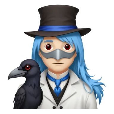 Plague Doctor with light-blue beau tiful hair, handsome sexy, long hair tendril bangs down on the sides, white lab coat, blue cravat, black feathers on shoulder, raven companion, black gloves, red eyes sticker