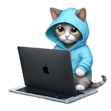Cat wearing baby blue hoodie and a black MacBook sticker