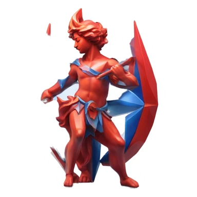 A Sagittarius sculpture with a geometric, faceted design. The Sagittarius is standing upright with angular and baroque features. The vibrant red and blue flame colors highlights the sharp edges and planes. sticker