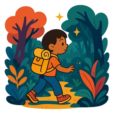 child with backpack exploring an enchanted forest sticker