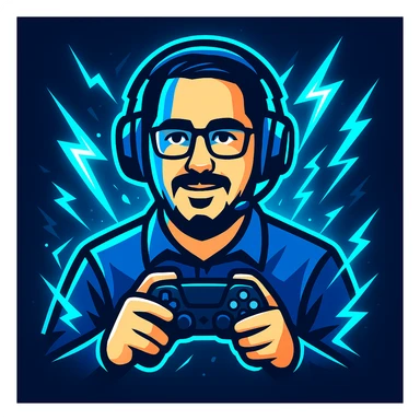 Create a modern, bold gaming logo based on the reference photo. Stylize the person with a cool gaming headset and holding a controller. Add glowing blue and white effects, with dynamic lightning accents. Use blue as the primary color. Make it energetic and suitable for a 'stream starting soon' background. sticker