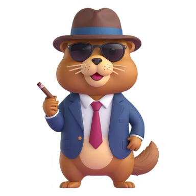Change the beaver's suit and hat to dark brown while keeping the 3D emoji gangster style with sunglasses and cigar. sticker