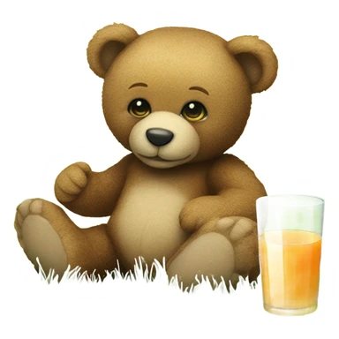 A Teddy bear holding a glass of juice sitting on a patch of grass sticker