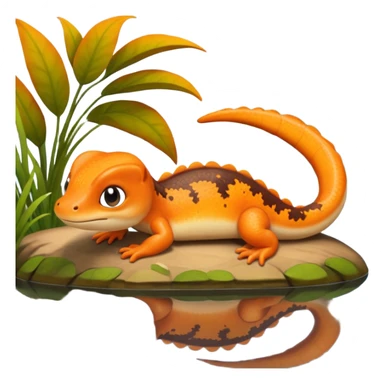 A 3D cartoon newt resting near a pond, orange and brown colors, visible tail, friendly expression, soft reflections and lighting, Memoji-style character. sticker