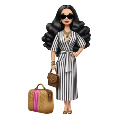 Palm Beach Breeze Barbie Wednesday Addams ,white skin, full body visible, wavy hair,handbag, earrings,vertical-striped caftan,small 2 piece, sunglasses,heels,holding yorkie Miss Thang sticker
