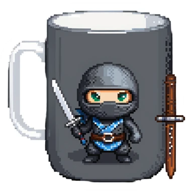 coffee mug with eyes holding a ninja sword sticker