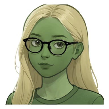 a girl with blue eyes, long blond hair, oversized glasses, bufo frog meme style sticker