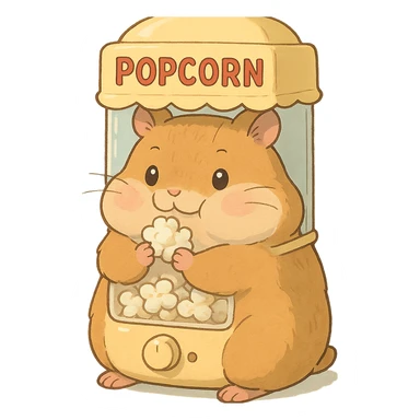 high-quality, visually appealing, normal-looking kawaii soft fluffy hamster designed as a popcorn machine appliance-animal hybrid, with puffed cheeks, holding popcorn, soft pastel colors, full-body, 电器拟动物风格 sticker