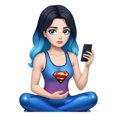 Thought bubble saying I'm sorry-Female-very very very large chest-texting on a samsung cell phone-very long straight black to sky blue hair ombre-blue eyes-black eyeliner-long eyelashes-iridescent tank top with glitter superman logo-leggings sticker