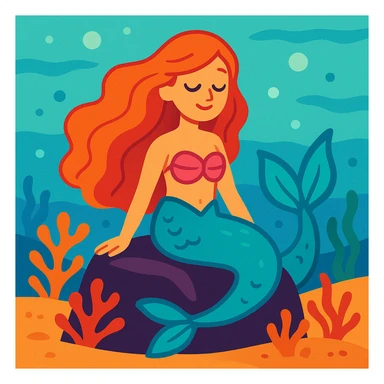 A serene mermaid sitting on a rock underwater, with flowing hair and shimmering tail sticker