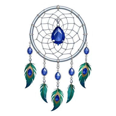 a Silver Dreamcatcher with sapphire-stones and emerald-stones, and with peacock-feathers. Big sapphire gem in the middle. Many tiny emeral gems around it.   sticker