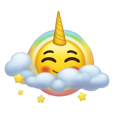 An round emoji with transparent background, of a yellow smiling happy emoji face with closed eyes. Add a unicorn, some clouds, some stars and a rainbow to make it dreamy. sticker