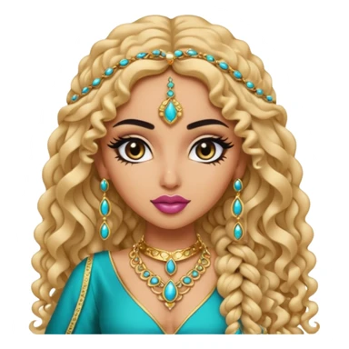 stylish bratz baddie emoji, arabian nose, pretty lips, light skin, long curly hair, black eyeliner, dressed in arabian fashion sticker