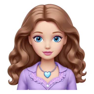 Barbie girl Chestnut long wavy hair and blue eyes is In pale purple clothes There are grey hearts all around sticker