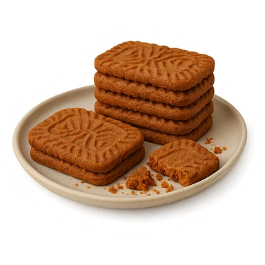 speculoos cookies, stacked and crumbled, showing their spiced interior, warm brown color, on a plate, white background sticker