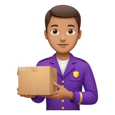 a man in a purple uniform hands out a box sticker