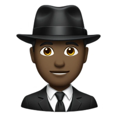 Man with cobalt black/grey skin wearing a black formal suit with a black tie, wearing a fedora with a white band on it. sticker