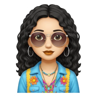 girl in hippies clothes, wearing sunglasses, black wavy hair sticker