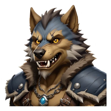 Cinematic Realistic WoW Worgen Portrait, head tilted dramatically with an exaggeratedly amused expression, blending ferocious beastliness with a touch of unexpected humor. His rugged fur, tanned skin, and worn leather garments are rendered with meticulous detail and dynamic lighting, high shine, dramatic yet whimsical, capturing the essence of a worgen whose epic might is tempered by a playful, irreverent charm. sticker
