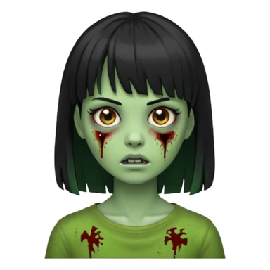 Emoji de uma garota zumbi com os cabelos longos, lisos e pretos. Ela usa uma franja curta. Pele verde  sticker