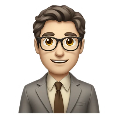 Pale skinned fit man with dark brown hair in gray jacket, beige office shirt, brown tie, brown pants and vintage glasses Writing on the flipchart sticker