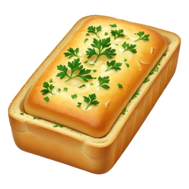 golden garlic bread, crisp edges, melted butter, herbs, soft fluffy interior, toasted glossy crust, parsley and garlic flecks, no plate or knife, soft lighting, emoji scale sticker