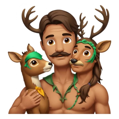 ripped guy with mustache and long hair being nuzzled by a deer sticker