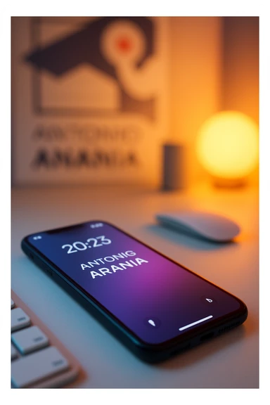 A photo of an iPhone on the desk with the message "Antonio Anania" on its screen, The phone sits atop a desk with a blurred with the logo in the background that suggests work environment. A faint glow from above casts gentle shadows across the surface of each object, creating depth and highlighting their textures sticker