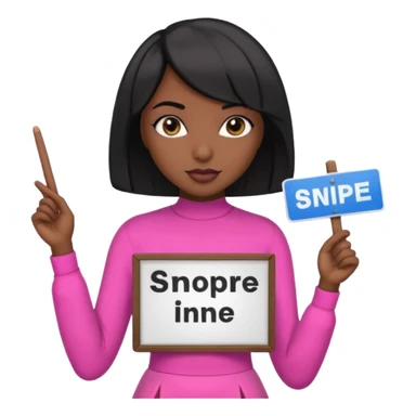 Dark skin woman with black bob in hair holding sign that says snipe  wearing pink outfit  sticker