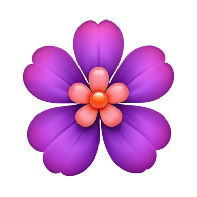 elegant flower emoji with five rounded purple petals, glowing coral-pink sphere in the center, light pink rounded square background, minimal intelligent sticker
