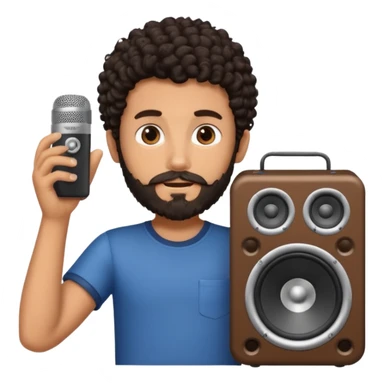 Boy with tanned skin, dark curly hair, a bit of a beard, and a music speaker in his hand. sticker
