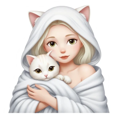 A beautiful woman wrapped in a blanket after taking a bath hugs a white cat sticker