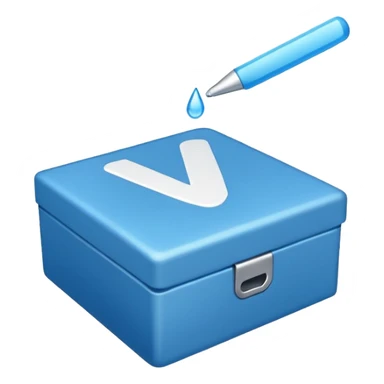 A blue box  and a white tick 1d sticker