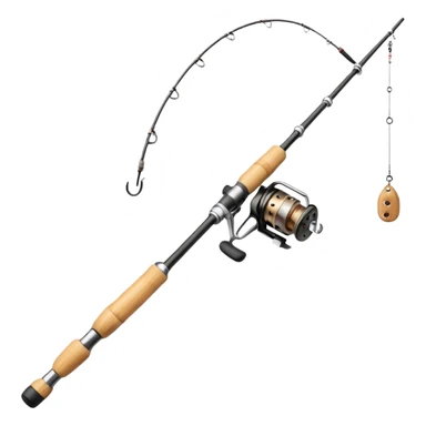 Genmoji-style bamboo fishing rod emoji, simple beginner rod, smooth rounded shapes, soft gradients, small reel, exactly one fishing line hanging from the tip, 3/4 angle, clean silhouette, no hook, no text, transparent background sticker