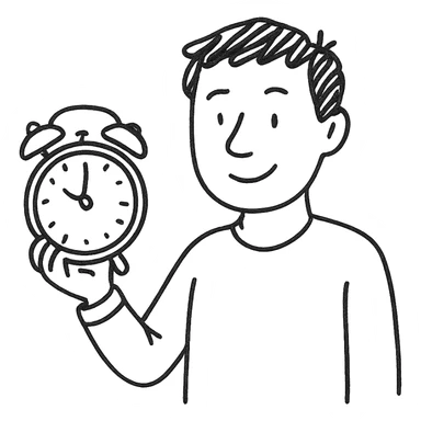 A man with brown hair holding a red alarm clock sticker