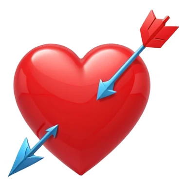 Apple-style 3D illustration of a glossy red heart pierced by a horizontal double-ended arrow. One end of the arrow has a small female symbol, the other end has a small male symbol. The heart is centered, shiny, with soft shadows, floating on a clean white background, minimal and emotional design sticker