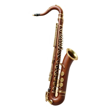 Create a detailed and elegant emoji representing a bassoon. The design should showcase the long, slender wooden body of the bassoon with its distinct curves and metal fittings. Highlight the keywork and metal rings around the joints, with subtle light reflections on the wood to give it a polished appearance. The top of the bassoon should have the characteristic metal bell, and the reed should be clearly visible at the mouthpiece. Use warm wood tones like deep brown and mahogany for the body, with silver or brass accents for the metal parts. Add soft musical notes or soundwaves around the instrument to evoke its rich, deep sound. The background should be transparent. sticker