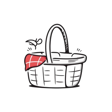 A picnic basket with handle and lid, possibly with some items peeking out, in pastel colors (dd9fb0, ffc6d3, a3bfc9, c4bee2, f1b091), hand-drawn doodle style sticker