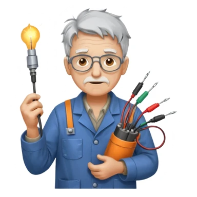 A scatteredbrained old tinkerer with messy workshop coat, holding sparking wires.
 sticker