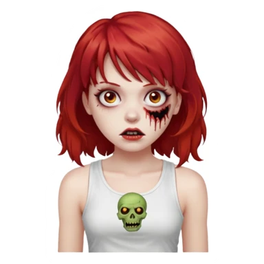 Uma menina de cabelo vermelho com franja, que seja uma zombie, e que esteja vestindo uma regata branca, cabelo médio e liso mais enrolado nas pontas  sticker