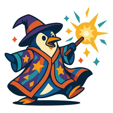 A penguin wizard with a colorful robe and a dynamic pose, casting a bright spell sticker