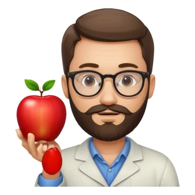 A man with glasses and a beard holding an apple sticker