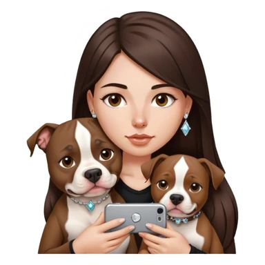 ￼ a young girl with long dark brown hair cascading down her face. It’s with her phone in her hands, sitting next to her pitbull with a small diamond nose ring in her nose. sticker