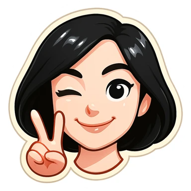 Edit the image of the girl to have white skin while preserving a very cute and beautiful look. Style it in classic Telegram stickers style with neat facial features, resembling Samsung Sam but with the head only (no neck). The girl is smiling and winking (one eye open, one eye closed), showing a V (peace) sign with her fingers. Use a clean, bright, cartoon style suitable for a Telegram bot profile. Keep the background white. sticker
